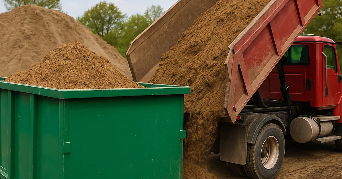 Dumpster Rentals vs. Dump Trucks for Dirt Disposal - DirtMatch blog hero image about earthwork and construction